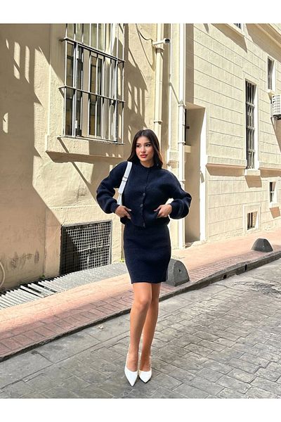 Lusin Women's Navy Blue Cardigan Skirt Bottom Top Double Knitwear Set