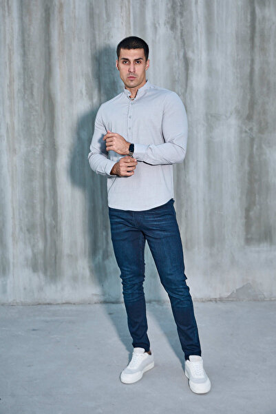 jack carisma Gray Judgement Collar Half Pat Lycra Linen Texture Cotton Slim Fit Men's Shirt