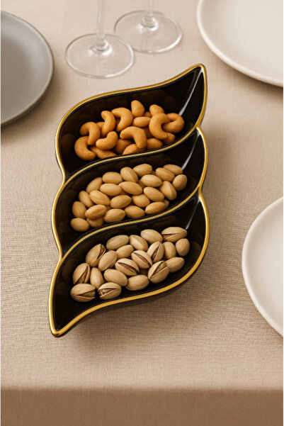 Hilamingo Home Gold Yaldızlı 3 Bölmeli Seramik Çerezlik, Sunumluk