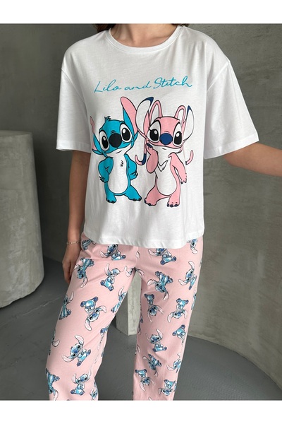 LETS BASIC Lilo & Stitch Oversize Tişört ve Baskılı Pijama Altı Takımı - Pastel Kombin