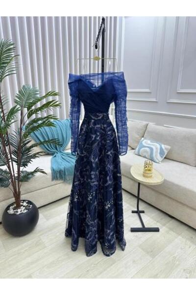 Generic Navy Embroidered Evening Dress with Tulle Sleeves