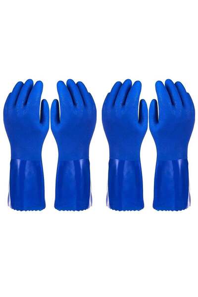 Generic Excefore 2 Pairs Rubber Household Cleaning Gloves for Kitchen Dishwashing, Cotton Lined, Blue