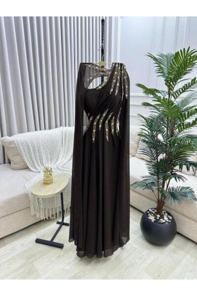 Generic Elegant Brown One-Shoulder Evening Dress with Gold Embroidery