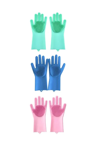 Generic Yuwell Pack Of 3 Pair Magic Silicone Gloves With Wash Scrubber Multicolor