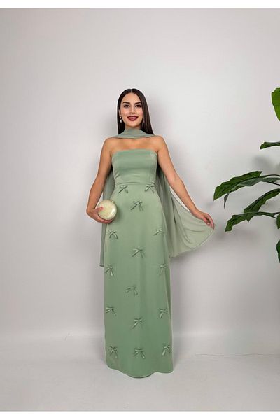 mafdress Women's Khaki Scarf Satin Strapless and Slit Detail Evening Dress
