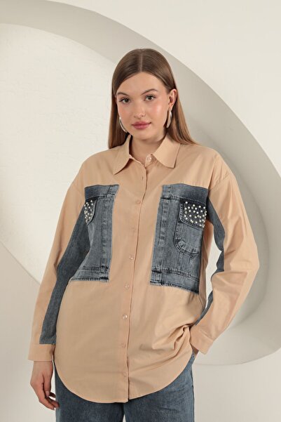 BEEMU Beige Women's Shirt with Poplin Fabric Denim Garnish