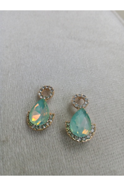 Pervin Ablacım Gold Hanging Earrings with Steel Turquoise Colored Drop Stones