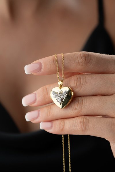 Silvano Jewelry 925 Ayar Gümüş Resimlik Kalpli Kelebekli Kolye