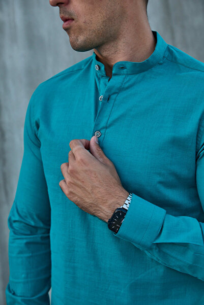 jack carisma Ανδρικό πουκάμισο PETROL GREEN JUDGE COLLAR HALF PAT Lycra λινό υφή βαμβακερό Slim Fit