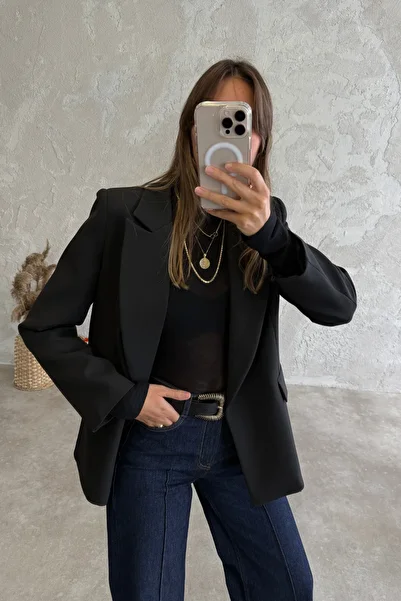 5in1Canpolat Black Patterned Cuffed Blazer Jacket 7560