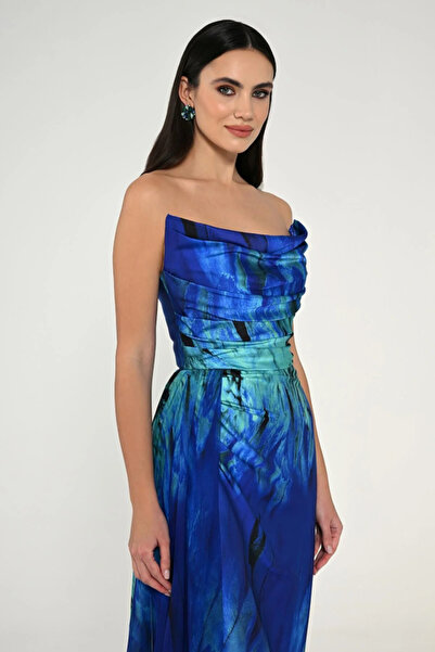 ALFABETA Kayık Yaka Yırtmaçlı Desenli Saten Elbise