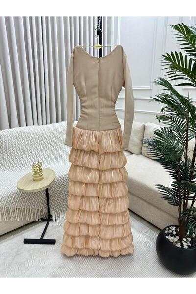 Generic Elegant Long Evening Dress with Crinkle Layers - Beige