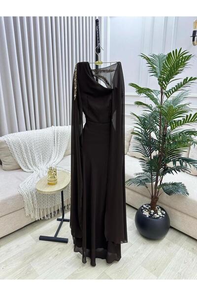 Generic Elegant Brown One-Shoulder Evening Dress with Gold Embroidery
