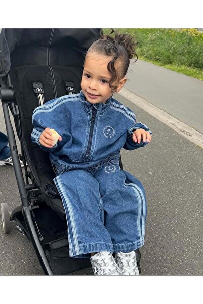 Magu Unisex Çocuk Pamuklu Mavi Jean Sweatshirt ve Pantolon Takım - Yan Şeritli