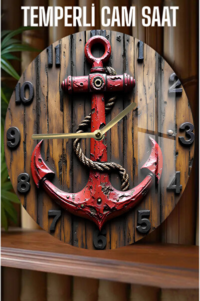 kutuTR Cam Çapa Desenli 3D Görünümlü Temperli Cam Saat – 33 cm CSDW383