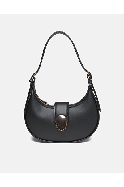 ÇANTA Juvis Bag Oval Charm Siyah Suni Deri Fermuarlı Baget Kadın Omuz Çantası...
