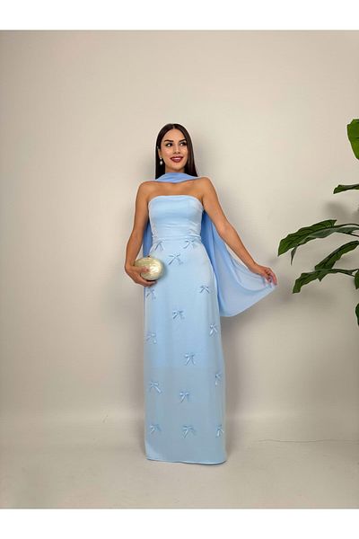 mafdress Women's Blue Scarf Satin Strapless and Slit Detail Evening Dress