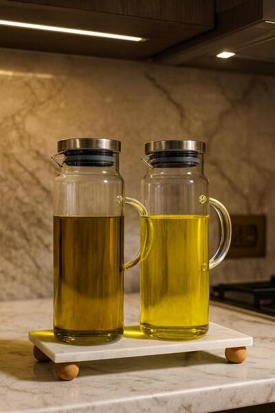 ENYAZA(2024) Set of 2 Pieces 1500ml Borosilicate Glass Oil Pot with Wooden Ball Feet and Marble Stand with Metal Lid