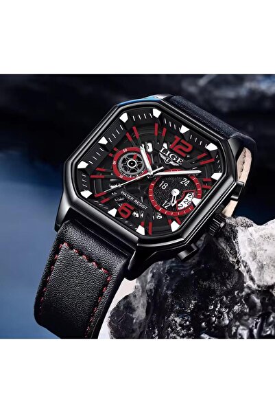 Lige Luxury Leather Cord Square Design 3 Atm Waterproof Multifunctional Men Wristwatch