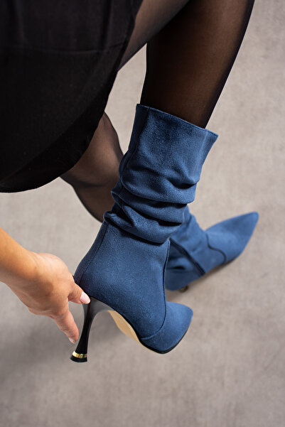 irmona HELEN LACİVERT DANA SÜET 7 CM TOPUKLU SİVRİ BURUN KÖRÜKLÜ BOT BOTTİE
