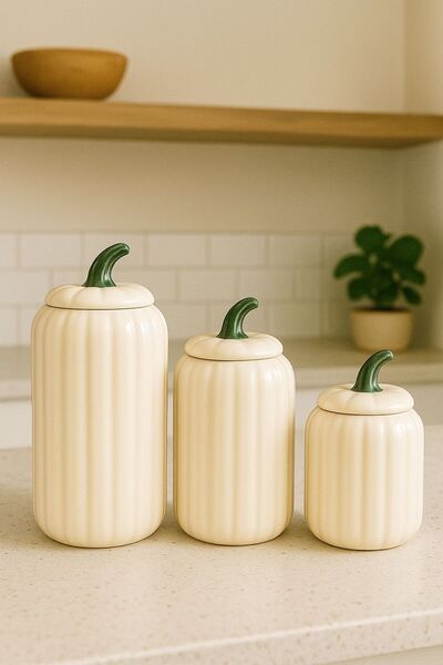 ENYAZA(2024) 3 Size Pumpkin Decor Jar Set Kitchen Set - Tea Coffee Sugar Spice Jar 500 800 1100 ml Ceramic