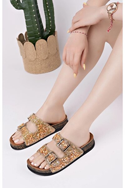 Kocamanlar Ayakkabı Feles Double Buckle Cork Sole Stone Detailed Women's Slippers Gold