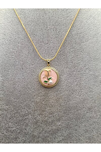 Han Ticarethane Gold Color Special Embossed Enamel Rose Model Steel Necklace