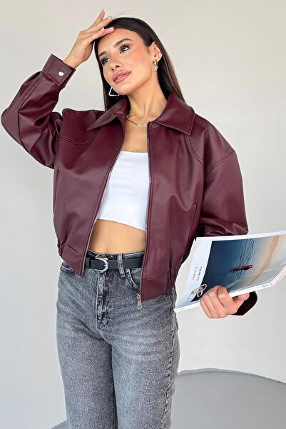 Cappmoda Ckt-2016 Burgundy Faux Leather Zippered Waist Elastic Cropped Model Jacket