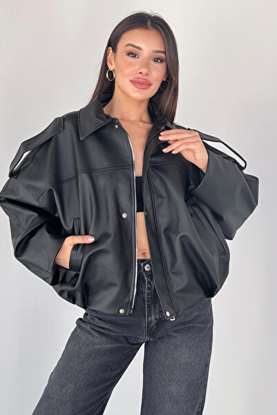 Cappmoda Ckt-2020 Black Faux Leather Lined Oversized Jacket with Zipper and Buttons