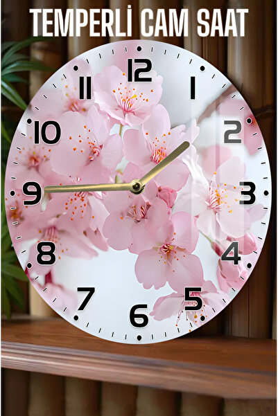 kutuTR Zarif Pembe Çiçek Desenli 3D Görünümlü Temperli Cam Saat – 33 cm CSDW395