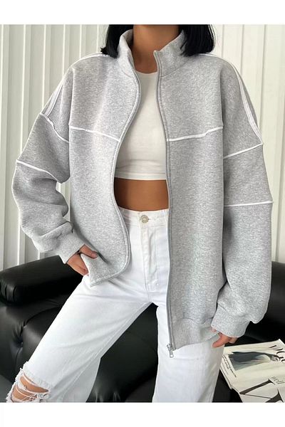 1blood Unisex Zip Detail Vintage Oversize Thick Fabric Gray Cardigan (3 Threads)