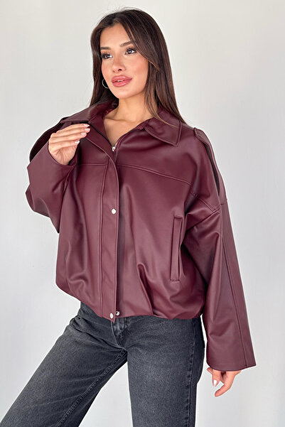 Cappmoda Ckt-2020 Burgundy Faux Leather Lined Oversized Jacket with Zipper and Buttons