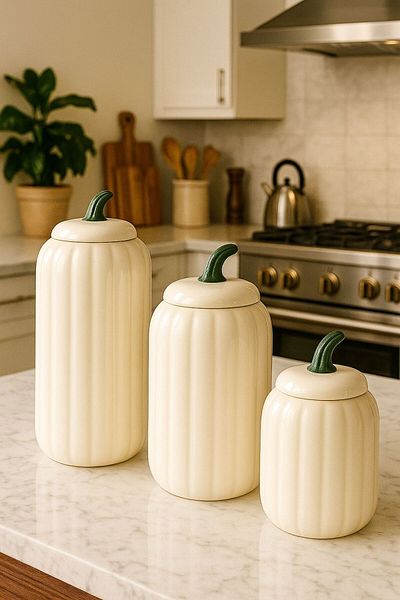 ENYAZA(2024) 3 Size Pumpkin Decor Jar Set Kitchen Set - Tea Coffee Sugar Spice Jar 500 800 1100 ml Ceramic