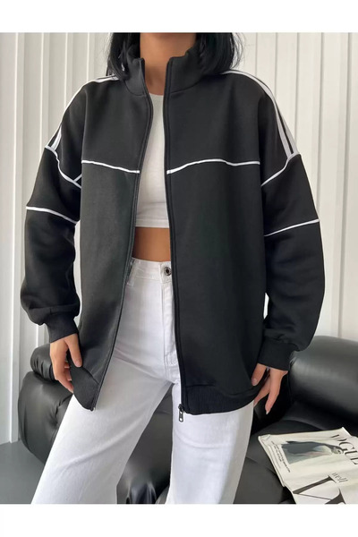 1blood Unisex Zip Detail Vintage Oversize Thick Fabric Black Cardigan (3 threads)