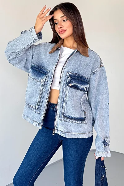 Cappmoda Ckt-2826 Light Blue Stonewashed Denim Velvet Collar Oversize Jacket
