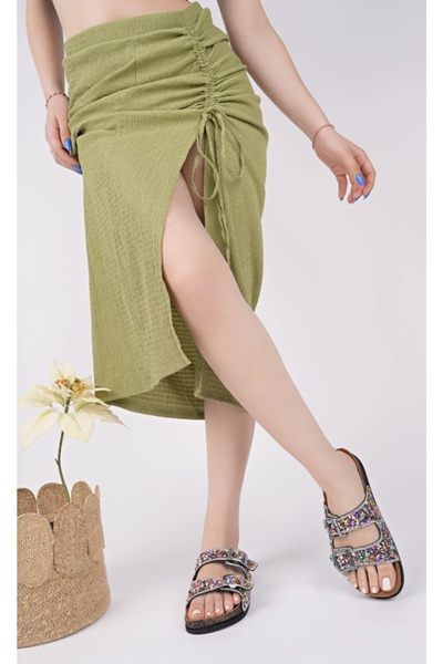 Kocamanlar Ayakkabı Feles Double Buckle Cork Sole Stone Detailed Women's Slippers Black