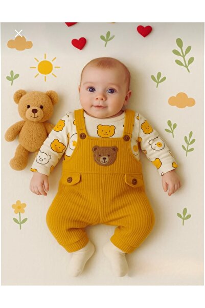 NAFİTTO Bear Embroidered Baby Boy Jumpsuit 3-Piece Jumpsuit Set - Bodysuit, Jumpsuit and Socks 3-6-9 -Month