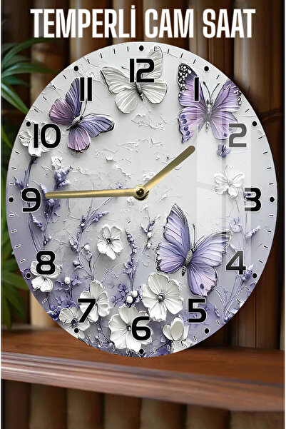 kutuTR Mor Kelebekler ve Çiçek Desenli 3D Görünümlü Temperli Cam Saat – 33 cm CSDW391