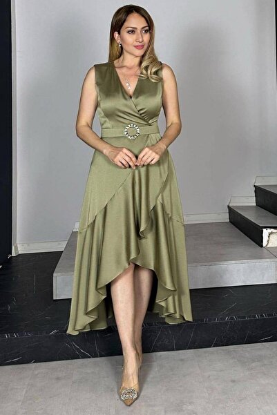 ZISHAN Розкішна сукня з асиметричним коміром - чорна та хакі | Розмір 38-48 435