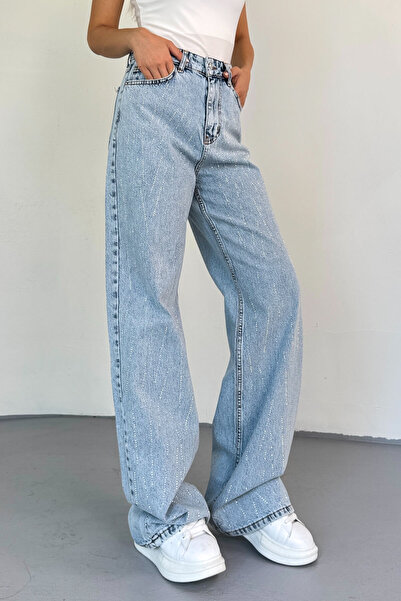 Cappmoda Jean-1071 Light Blue Stone Detailed Line Patterned Mom Jean