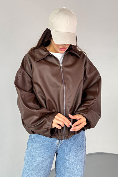 Cappmoda Ckt-2017 Brown Faux Leather Belted Lined Oversize Jacket