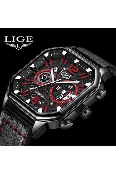 Lige Luxury Leather Cord Square Design 3 Atm Waterproof Multifunctional Men Wristwatch
