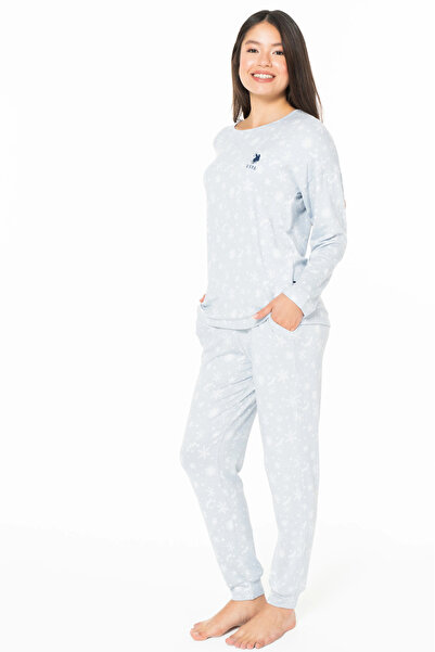 U.S. Polo Assn. Women's Pajama Set, Pocket, Lycra, Long Sleeve, Crew Neck, Snowflake Printed & New Year's Themed