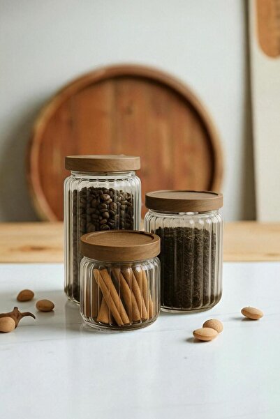 GLAMZE 3'lü Akasya Vakum Kapaklı Kavanoz Seti 500ml/ 700ml/ 1000ml