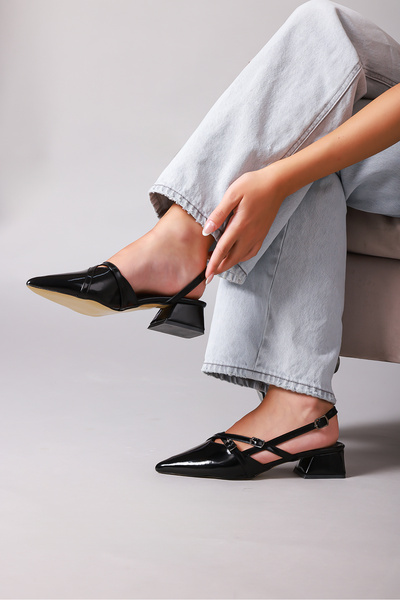 Elvuq Women's Black Patent Leather Mary Jane Cross Strap Open Back Short Heeled Shoes