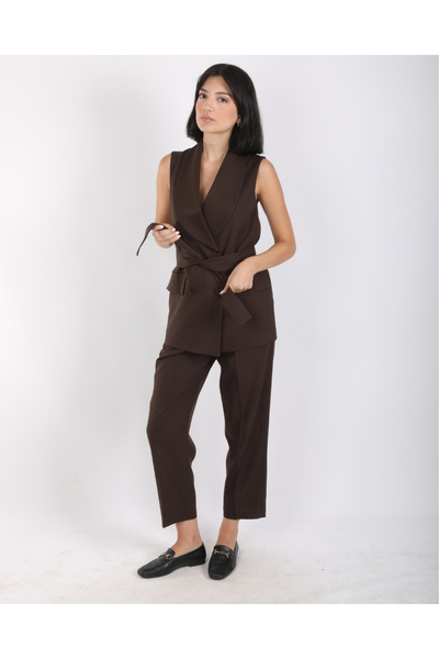 deqfashion Women's Bitter Brown Shawl Collar Vest Pants Two-Piece Set