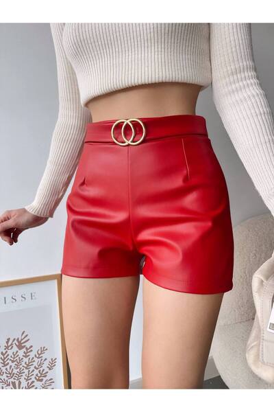 Bleu Petite Buckle Detailed Faux Leather Women's Shorts