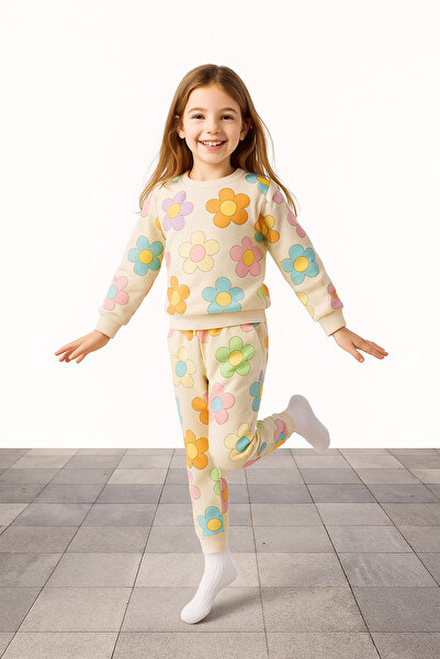 canmana kids&baby Uzun Kollu Mevsimlik Kız Çocuk Çiçek Baskılı Sweatshirt Takım