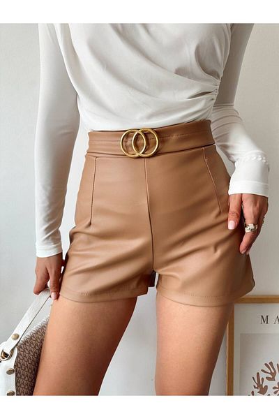 Bleu Petite Buckle Detailed Faux Leather Women's Shorts