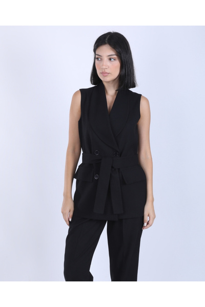 deqfashion Women's Black Shawl Collar Vest Pants Double Suit